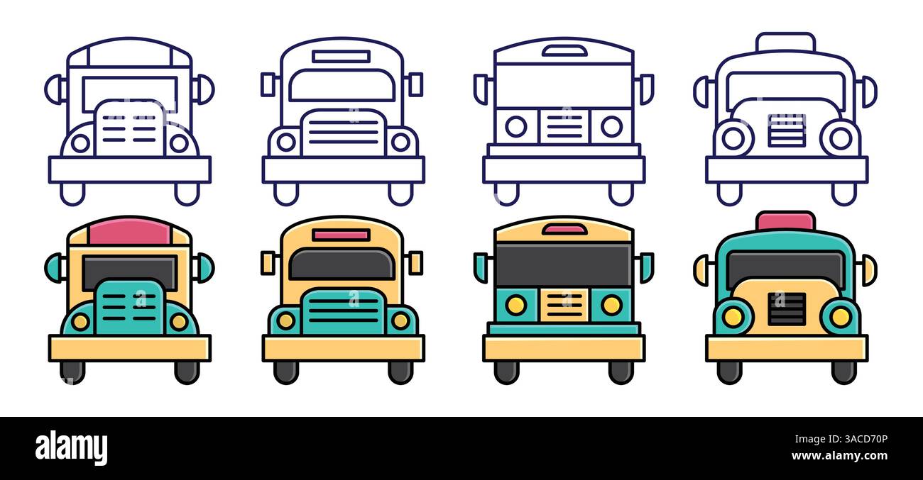 Clipart-Symbolsatz für Schulbuszeichnungen. Busumriss pädagogische Fahrzeug-Clip-Art-Sammlung in flachem handgezeichnetem, druckbarem Malbuch für Studenten Stock Vektor