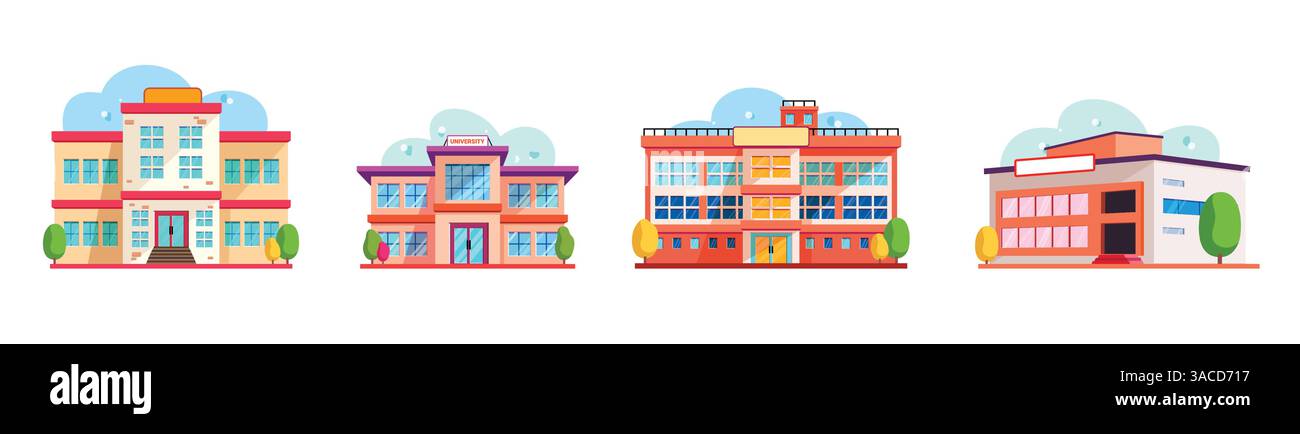 Clipart-Symbolsatz für Schule Universitätsgebäude. Farbenfrohe Zeichnung Clip Art Sammlung für Schüler Bildung Schulhaus Gebäude Grafik Stock Vektor