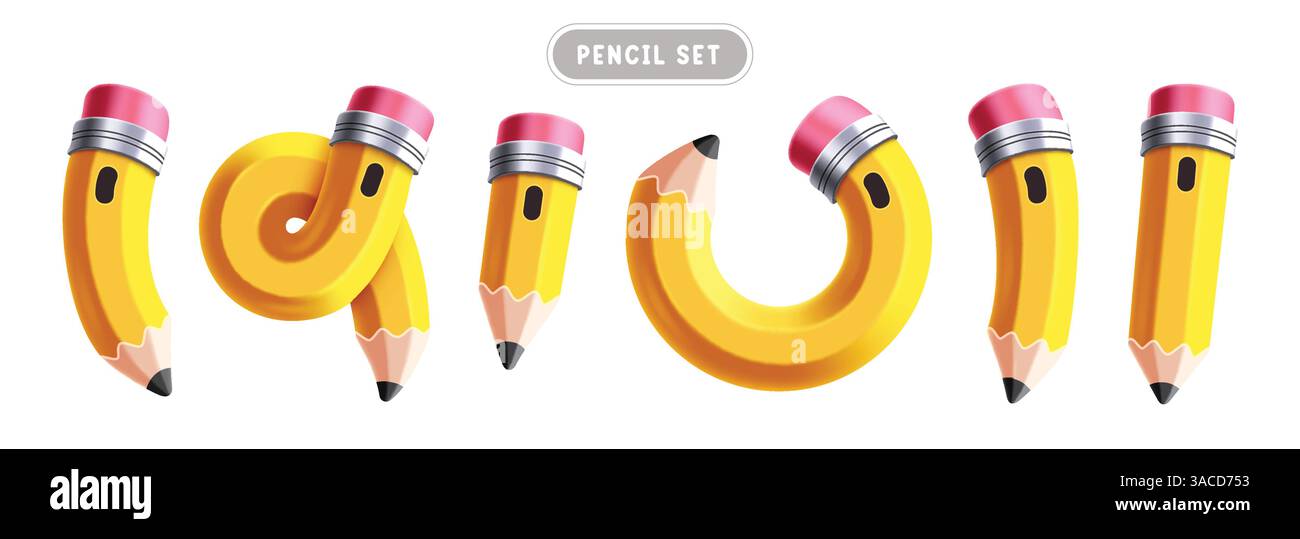 Bleistift Gelb Elemente Clipart Set. Schule 3D Stift zum Zeichnen und Schreiben von Artikeln Clip Art Sammlung in Kurven- und Spiralform lehrreiches Holz Stock Vektor