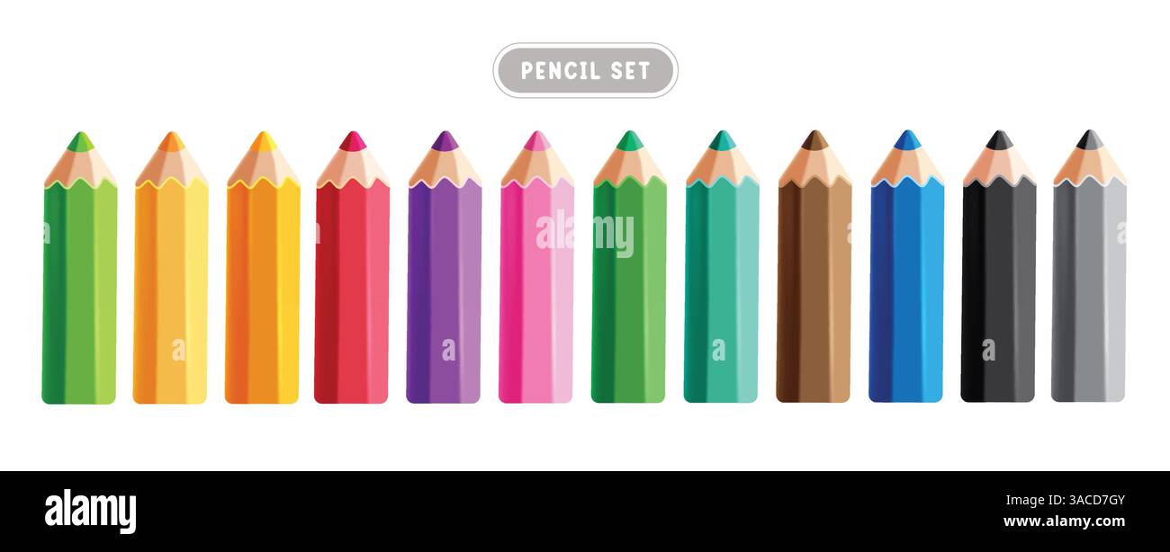 Farbenfrohe Bleistiftelemente Clipart-Set. Mehrfarbige Stift-Icon-Clip-Art-Kollektion für lehrreiche Zeichenwerkzeuge und realistische Kunstmaterialien Stock Vektor