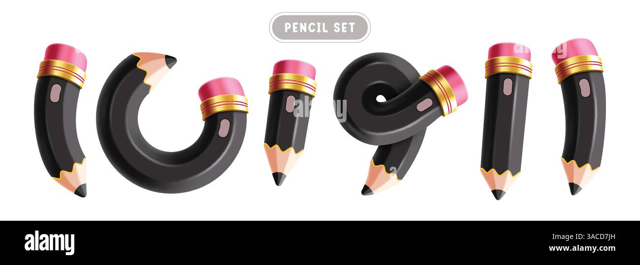 Bleistift Black Elements Clipart Set. Schwarze 3D-Stifte Icon Bildungs- und Büroklammern aus Holz mit geschwungener, geknüpfter und spiralförmiger Form Stock Vektor