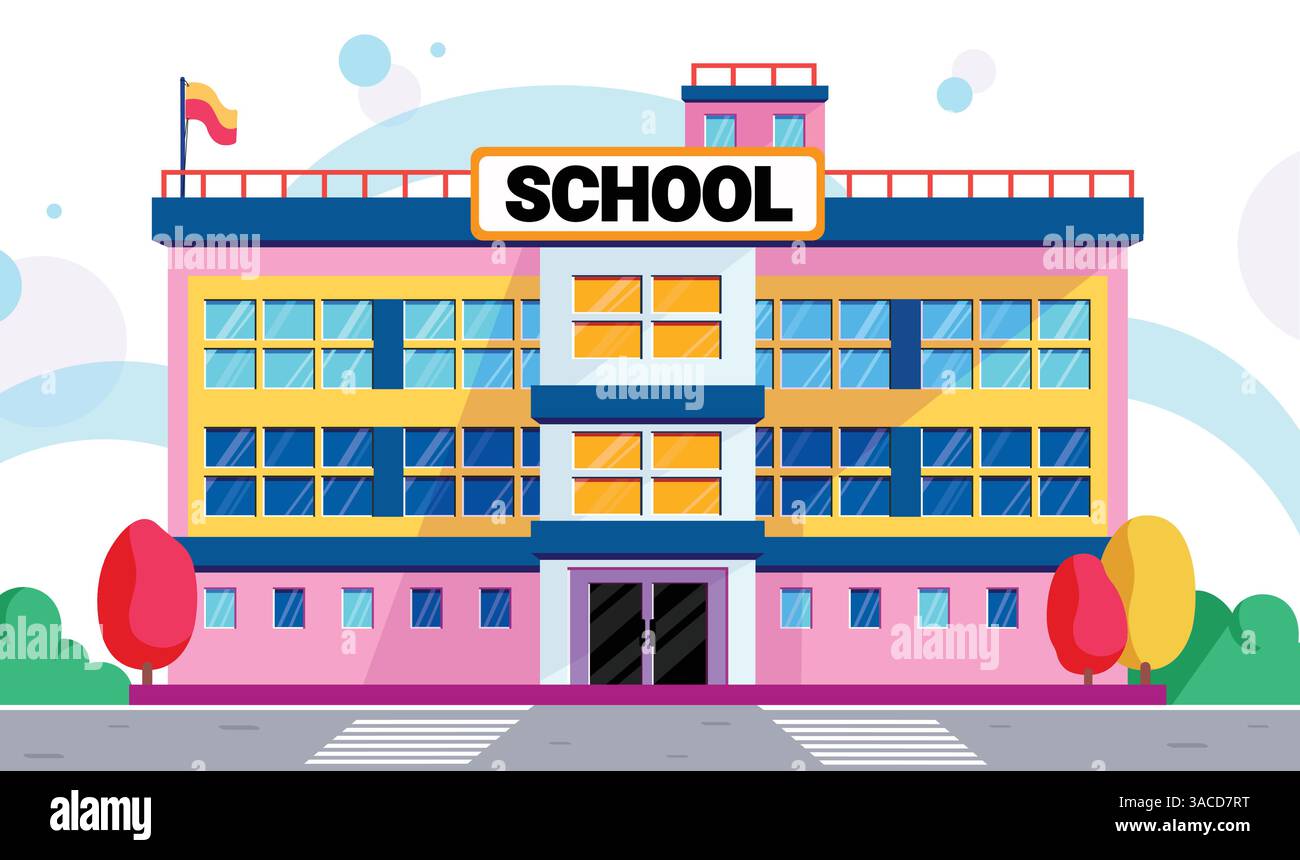 Schulgebäude zeichnen Clipart Design. Universität farbenfrohe Klassenraum-ClipArt mit Dachoberseite Bildungsschulhaus College Institution flache Elemente Stock Vektor