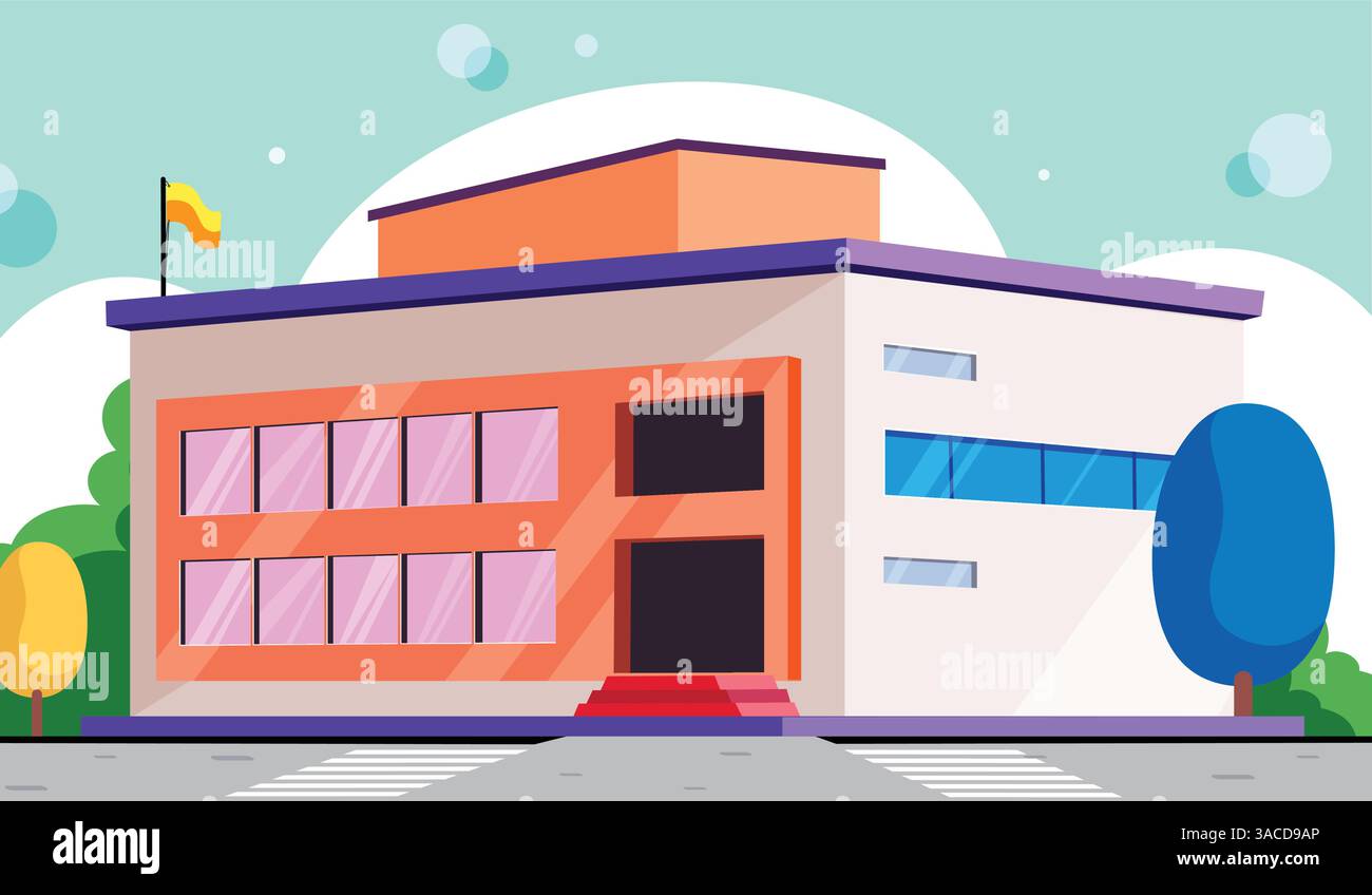 Schulgebäude zeichnen Clipart Design. Farbenfrohe ClipArt für Schüler und Schüler, Schulhaus, Karikaturbild Stock Vektor