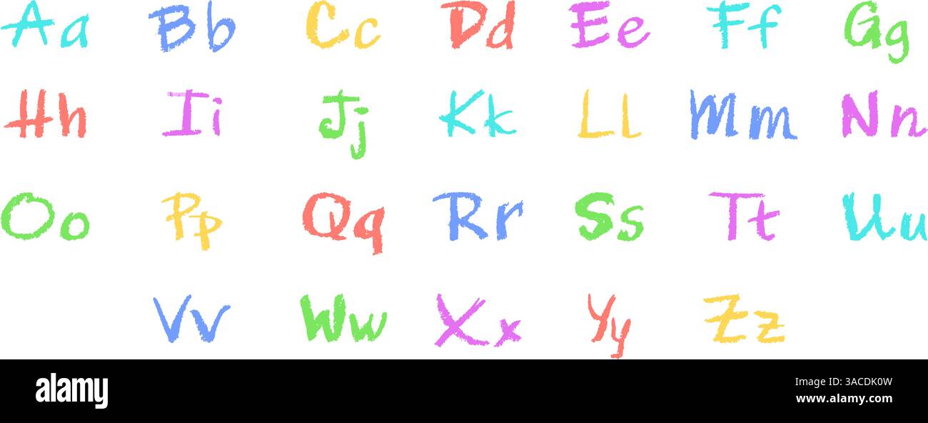 Buntes englisches Alphabet, handgezeichnet in einem Buntstift. Großbuchstaben und Kleinbuchstaben in Kreide, Pastellfarben oder Wachs. Textmarker-Effekt an Bord für Stock Vektor