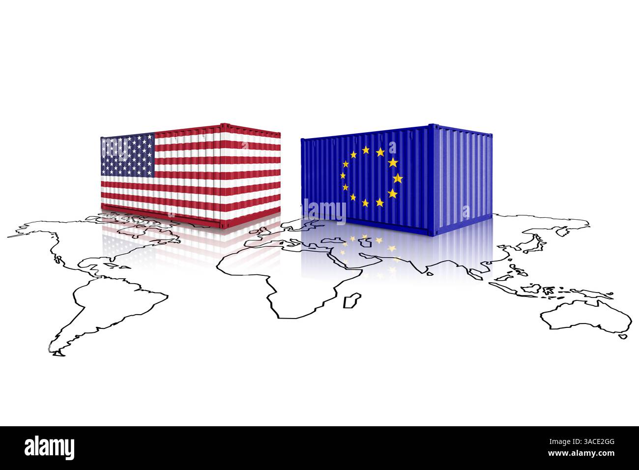 Handelsbehälter aus USA, EU-Flaggen auf einer Weltkarte. Europa Union und Vereinigte Staaten von Amerika Handel, Zölle und Zölle Krieg Stockfoto