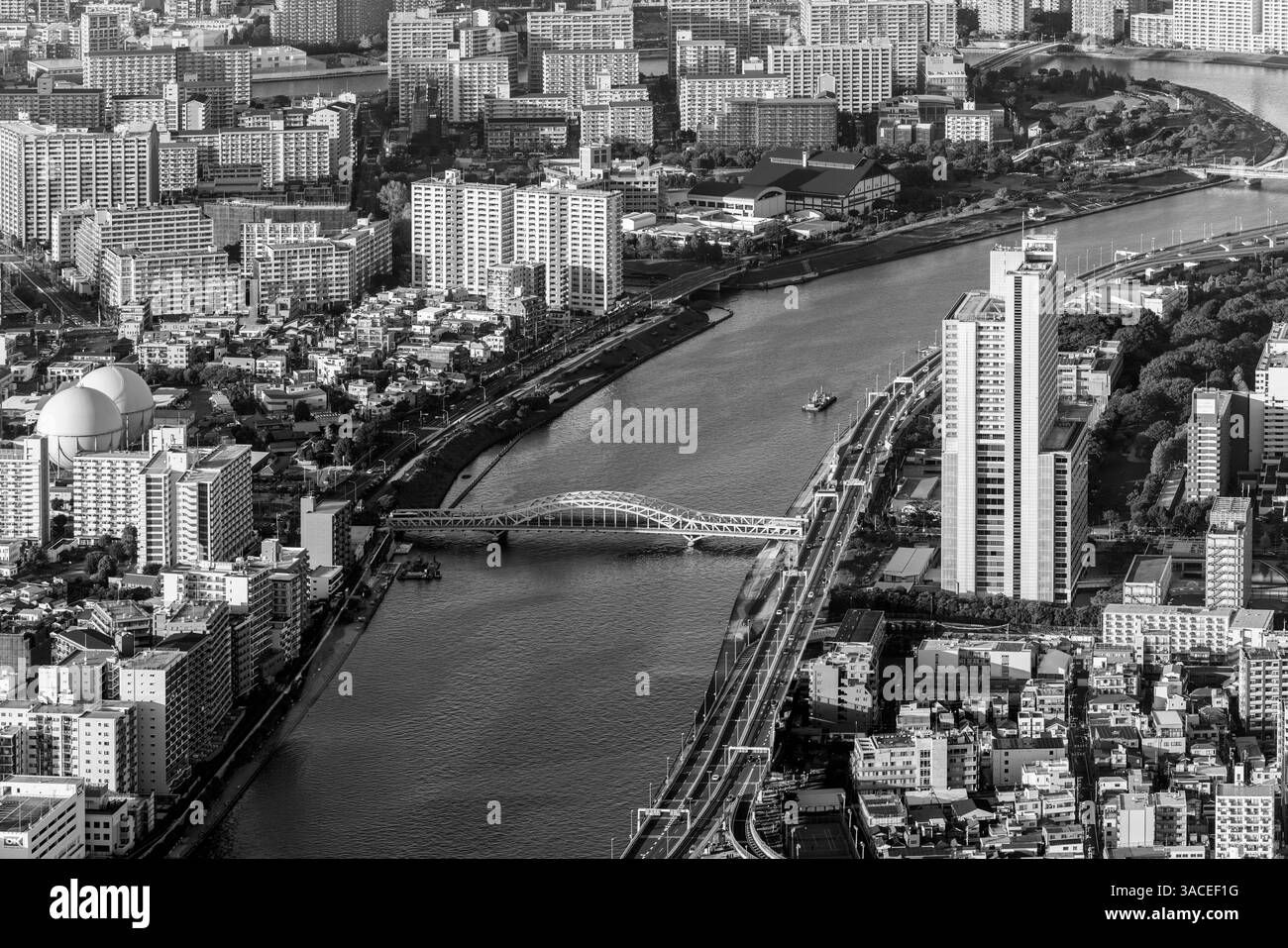 Das monochrome Stadtbild des Tokioter Sumida-Viertels hebt das komplexe Straßennetz und die traditionellen Gebäude entlang des Sumida-Flusses hervor Stockfoto
