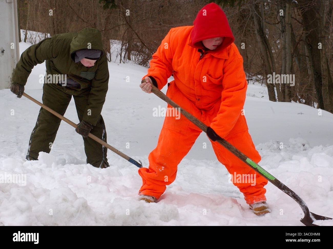 23. Dezember 2004 – Cincinnati, Ohio, USA – die Brüder Cain, ROB (L) und KEVIN (R), versuchen, eine Zufahrt von Schnee im Block 800 der Neeb Road zu reinigen. (Bild: © Ken Stewart/ZUMA Press) Stockfoto