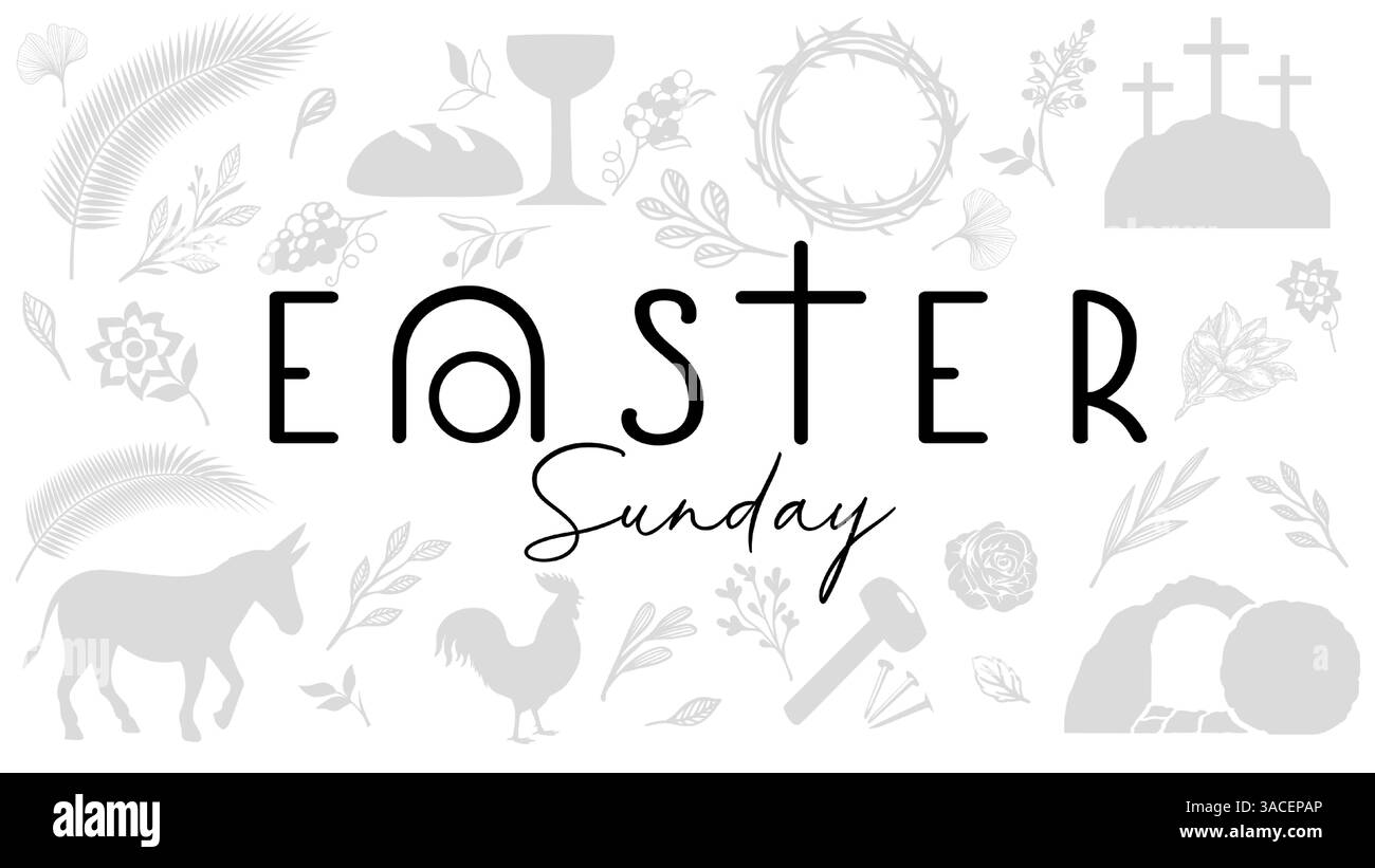 Am Ostersonntag kreatives Typografie-Logo-Konzept mit geöffnetem Grabmal. Karwoche, feiern Sie die Auferstehung – für Poster- oder Bannerdesign. Vektor Stock Vektor