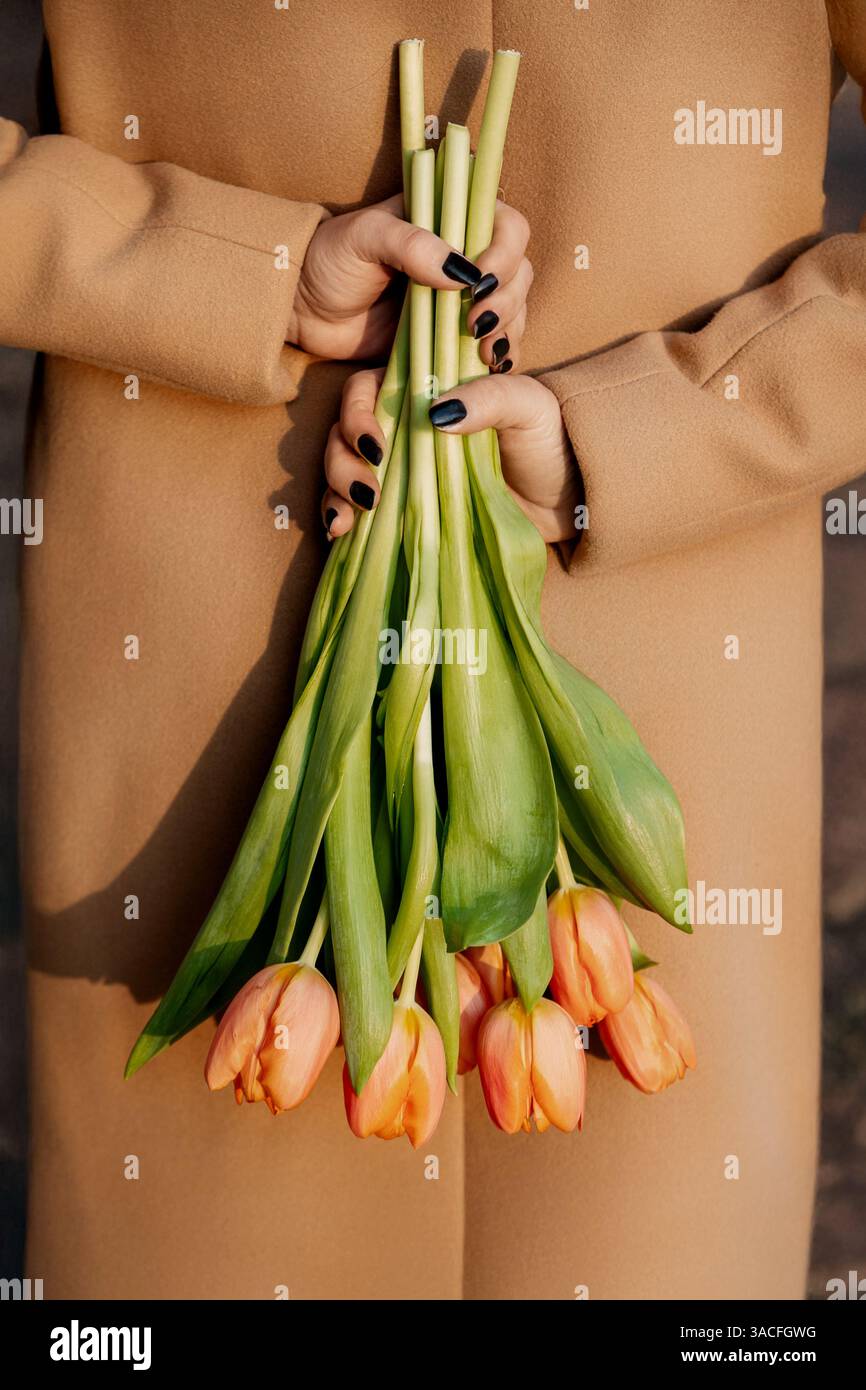 Hände, die Tulpenstrauß in beigem Mantel halten Stockfoto
