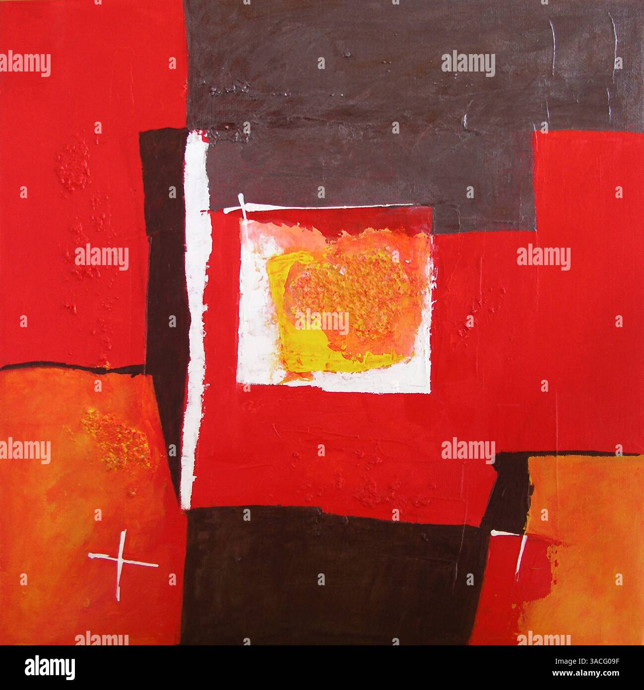 Original zeitgenössisches Gemälde mit weißem Quadrat und Kreuz - abstrakter Hintergrund Stockfoto