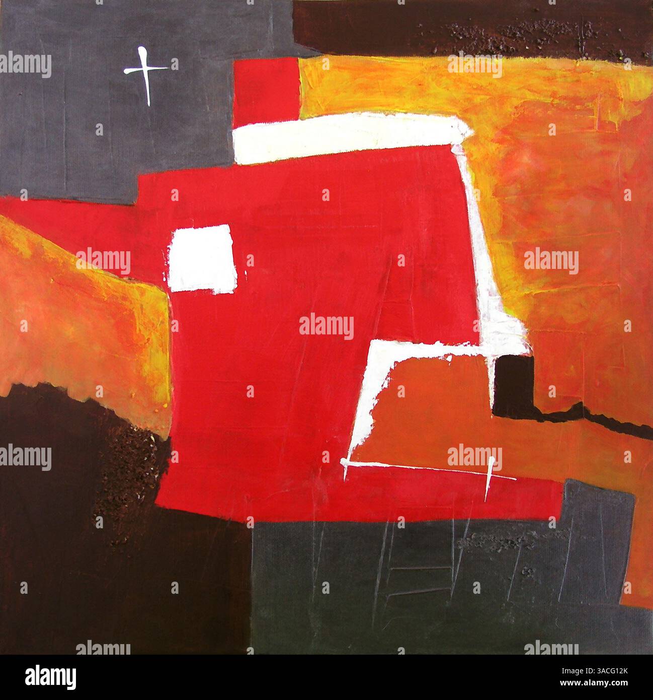Original zeitgenössisches Gemälde mit weißem Quadrat und Kreuz - abstrakter Hintergrund Stockfoto