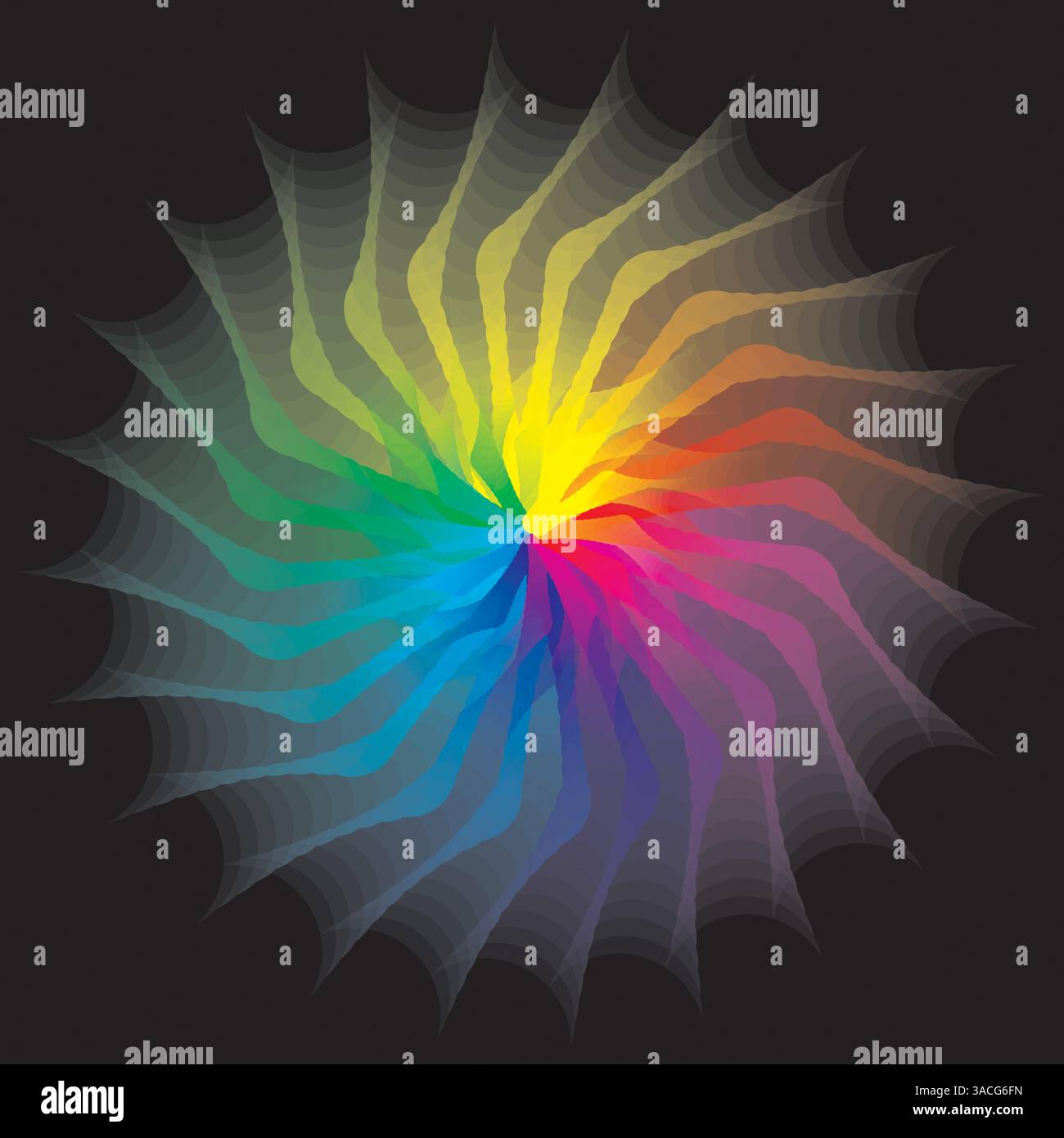 Abstrakte Farbrad-Regenbogenfarben, Heilige Geometrie auf schwarzem Hintergrund Stockfoto