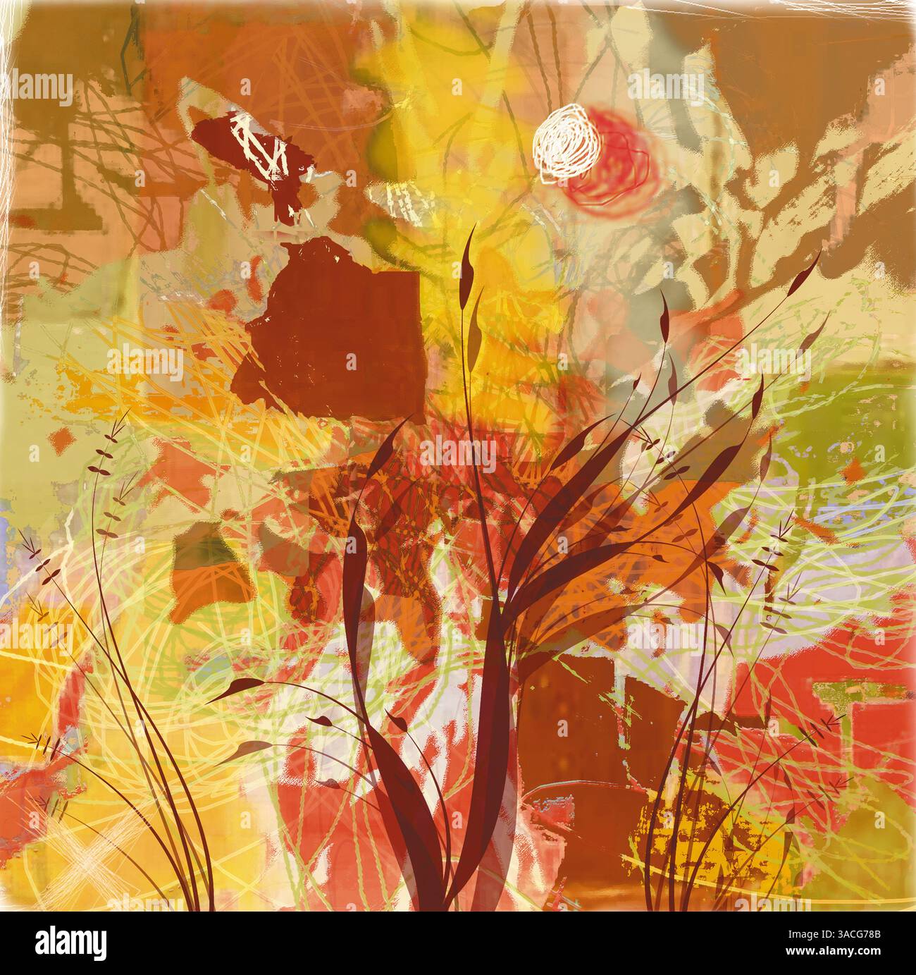 Abstrakte Digitale Illustration, Blumenblätter Laub Natur Muster, Modernes Kunstwerk, Erdfarben Stockfoto