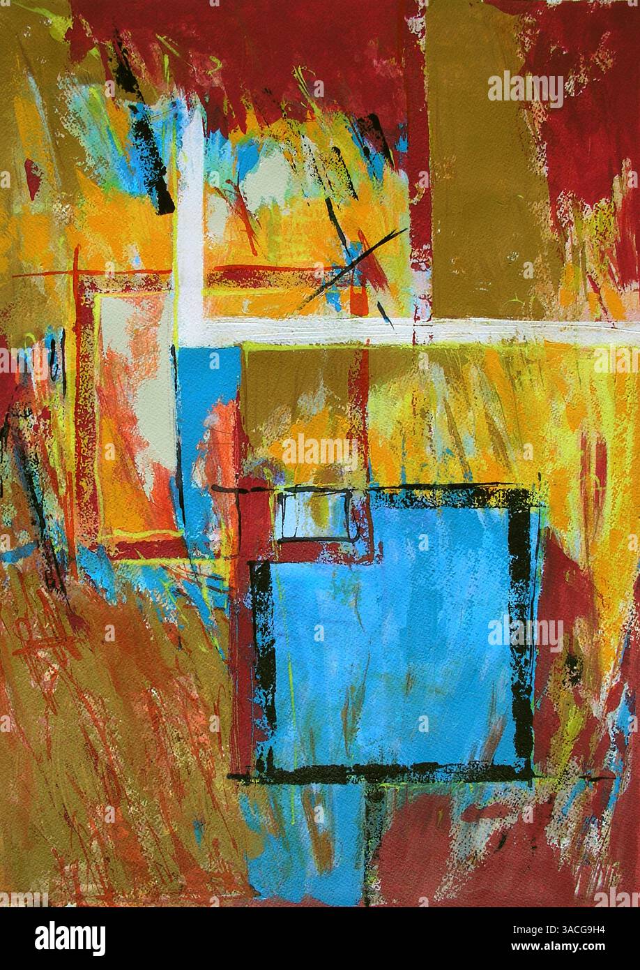 Moderne Abstrakte Kunst - Hintergrund - Illustration Von Original Zeitgenössischem Gemälde Blaues Quadrat Stockfoto