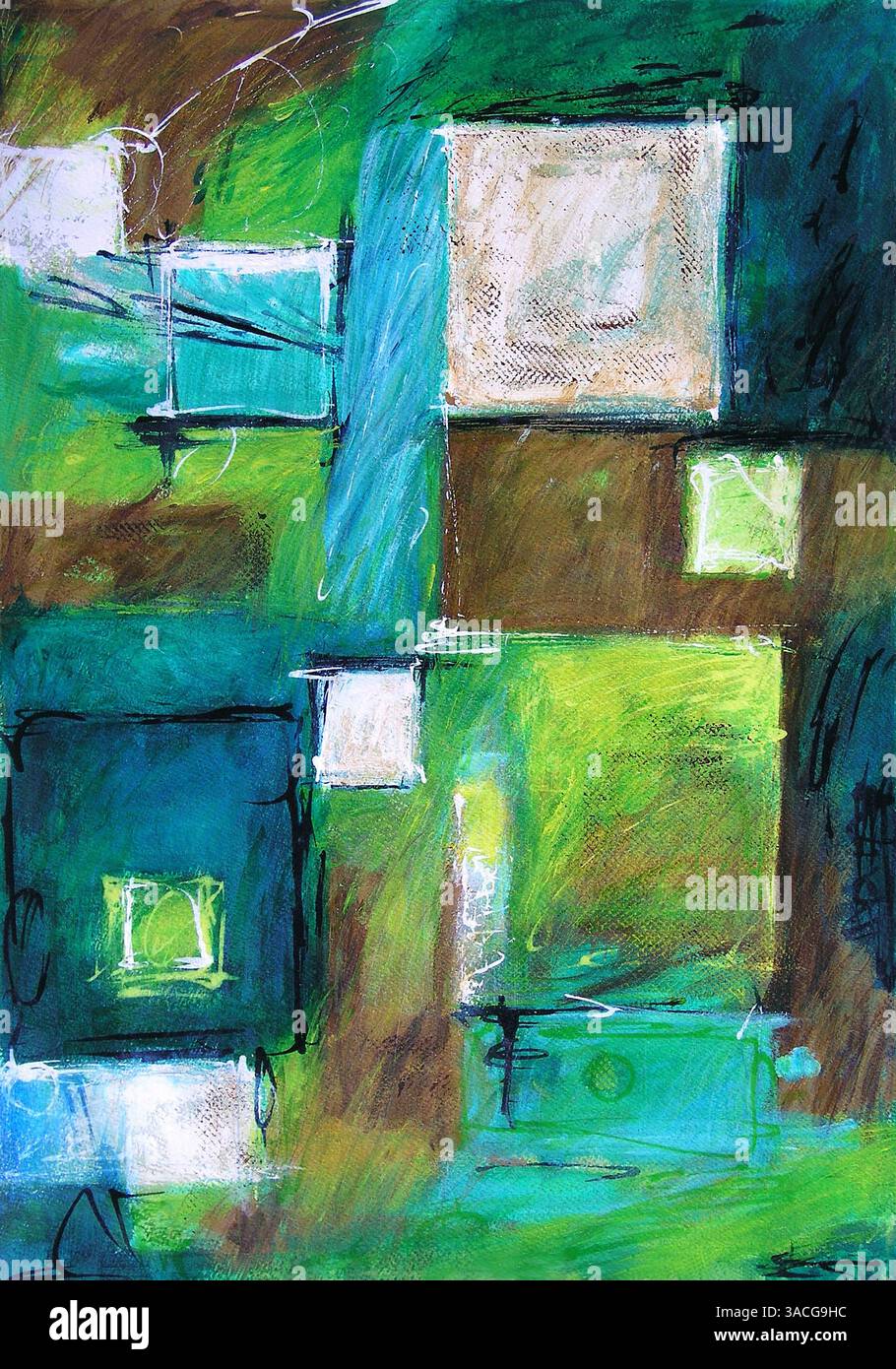 Moderne Abstrakte Kunst - Illustration Original Zeitgenössisches Gemälde Quadrat Bunte Komposition Stockfoto