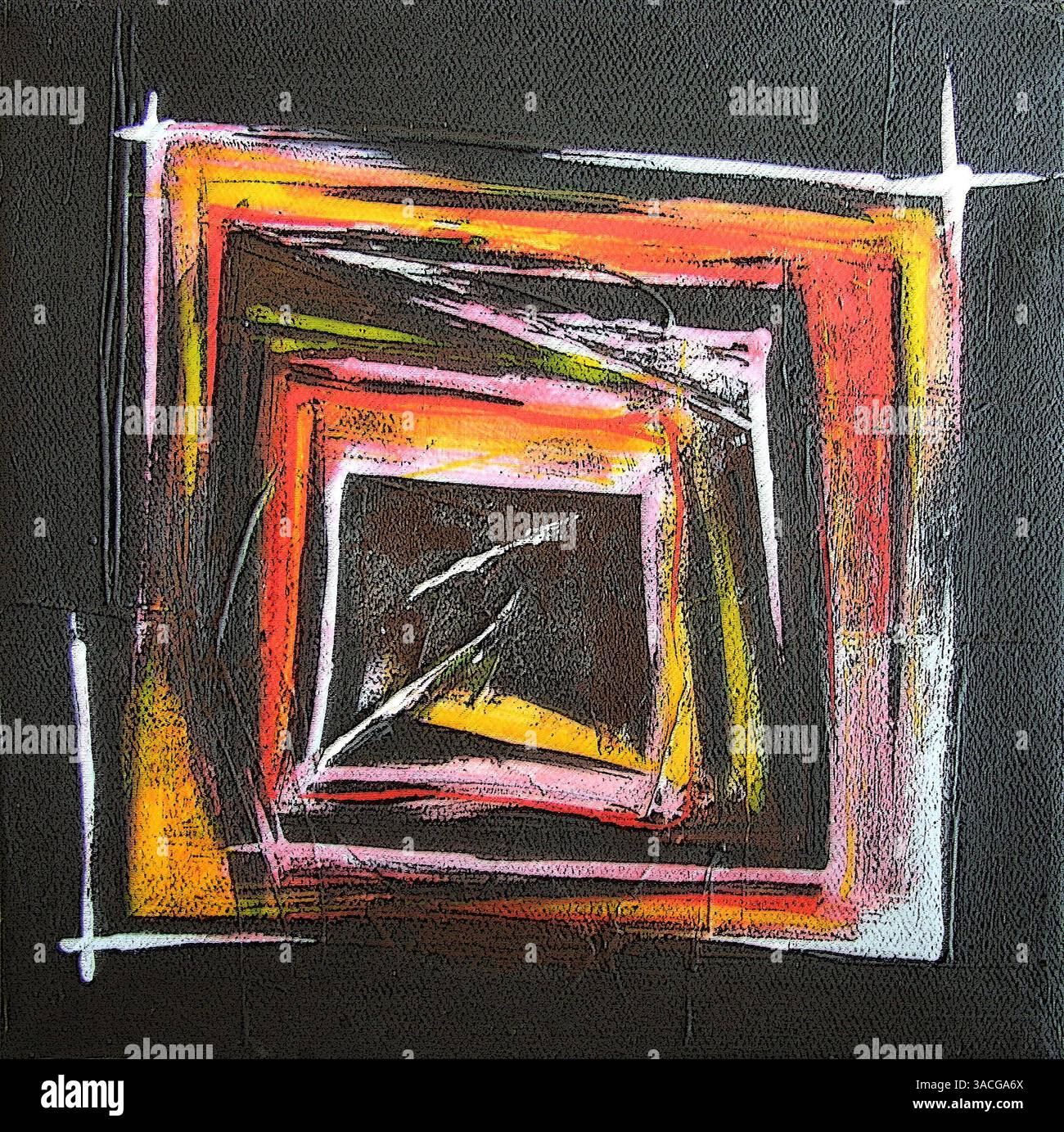 Illustration aus Original Moderne abstrakte Kunst - zeitgenössische Malerei - quadratisches Format - Schwarz Rot und Gelb Farben - ausdrucksstark Stockfoto