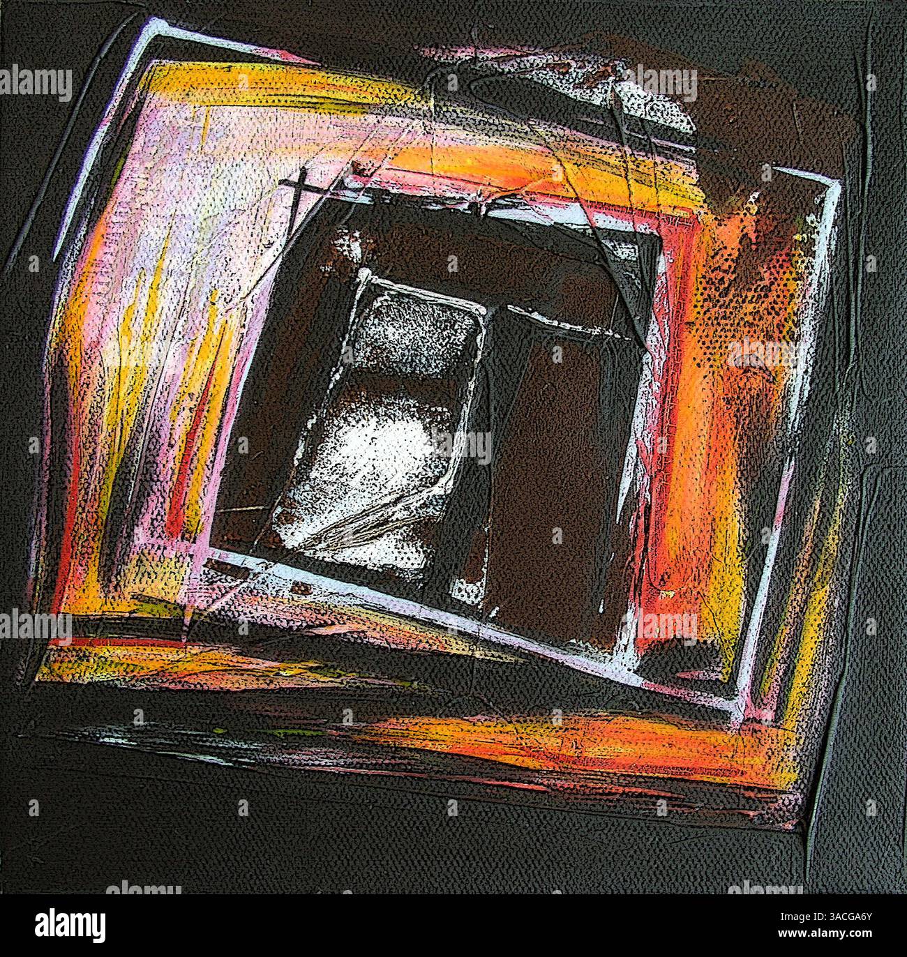 Illustration aus Original Moderne abstrakte Kunst - zeitgenössische Malerei - quadratisches Format - Schwarz Rot und Gelb Farben - ausdrucksstark Stockfoto