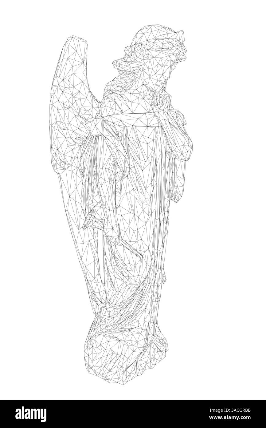 Eine Statue eines Engels ist auf einem Schwarzweißfoto zu sehen. Der Engel steht mit ausgebreiteten Flügeln, und es ist eine Statue einer Frau. Das Bild ha Stock Vektor