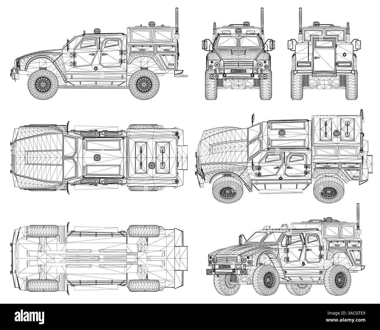Das Bild ist eine Zeichnung eines Militärfahrzeugs mit einem großen offenen Oberteil und einer großen offenen Rückseite. Das Fahrzeug ist für den Geländeeinsatz ausgelegt und mit einer Ausstattung ausgestattet Stock Vektor