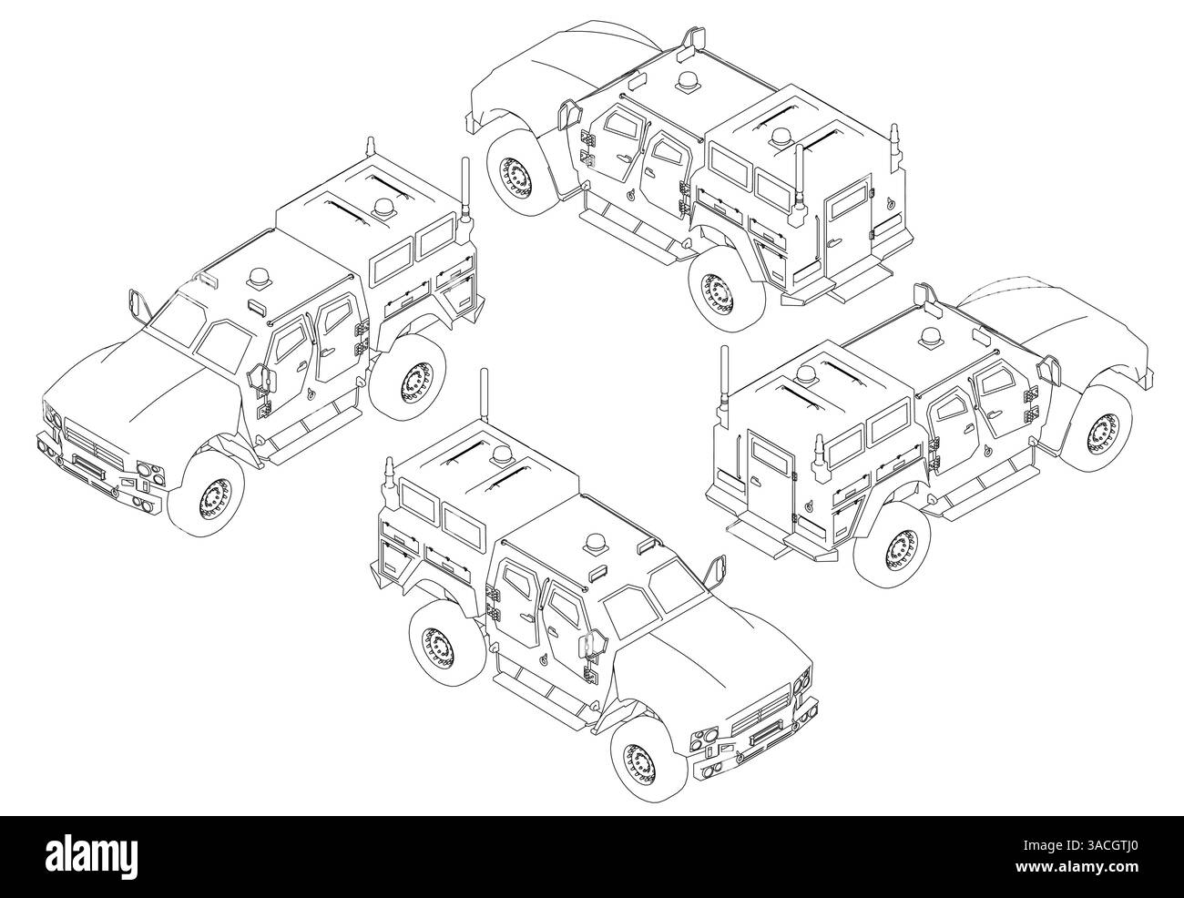 Vier unterschiedlich farbige Fahrzeuge werden in einem Raster angezeigt. Die Fahrzeuge sind alle dieselbe Marke und dasselbe Modell, aber sie haben unterschiedliche Farben. Die Fahrzeuge sind alle Stock Vektor