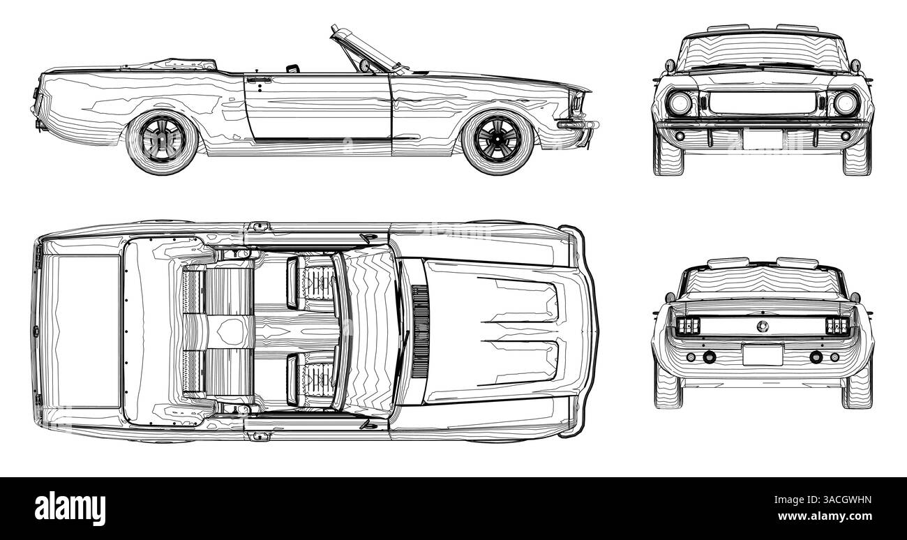 Nahaufnahme eines Autos mit Schiebedach und Cabrioverdeck. Das Fahrzeug ist ein klassisches Modell und wird von vorne, hinten, oben und von der Seite gezeigt Stock Vektor