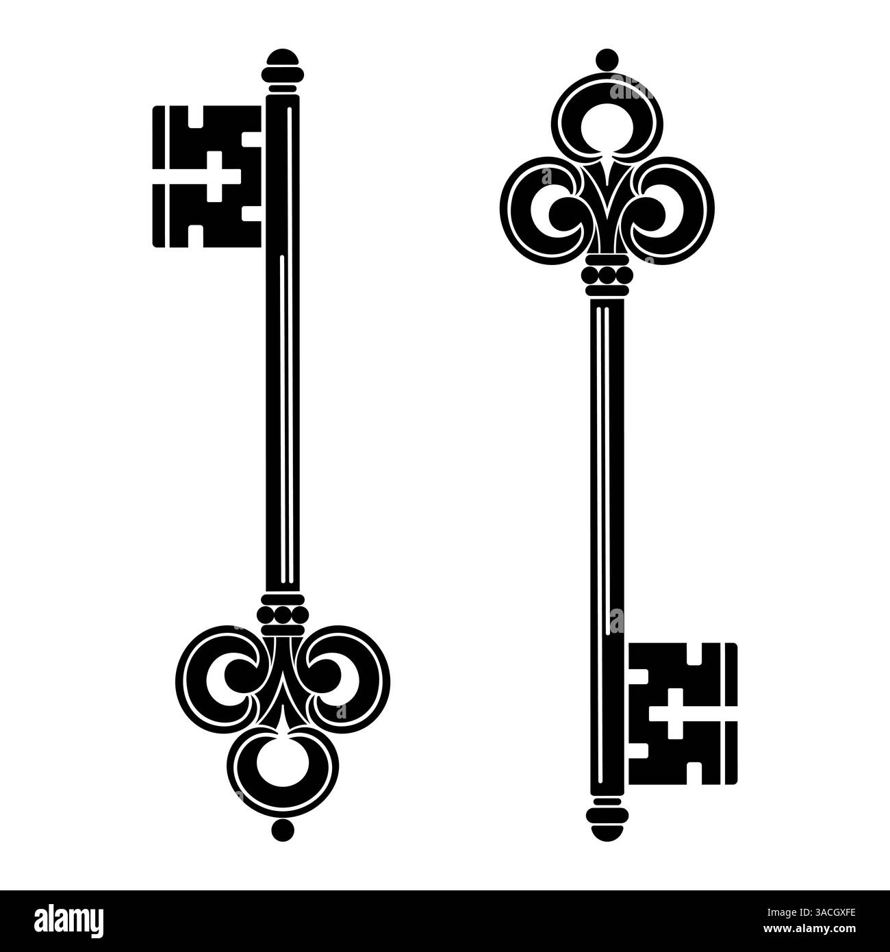 Dekorative mittelalterliche Vintage-Schlüssel mit viktorianischen Blättern und handgezeichneten antiken Schlüsseln Stock Vektor