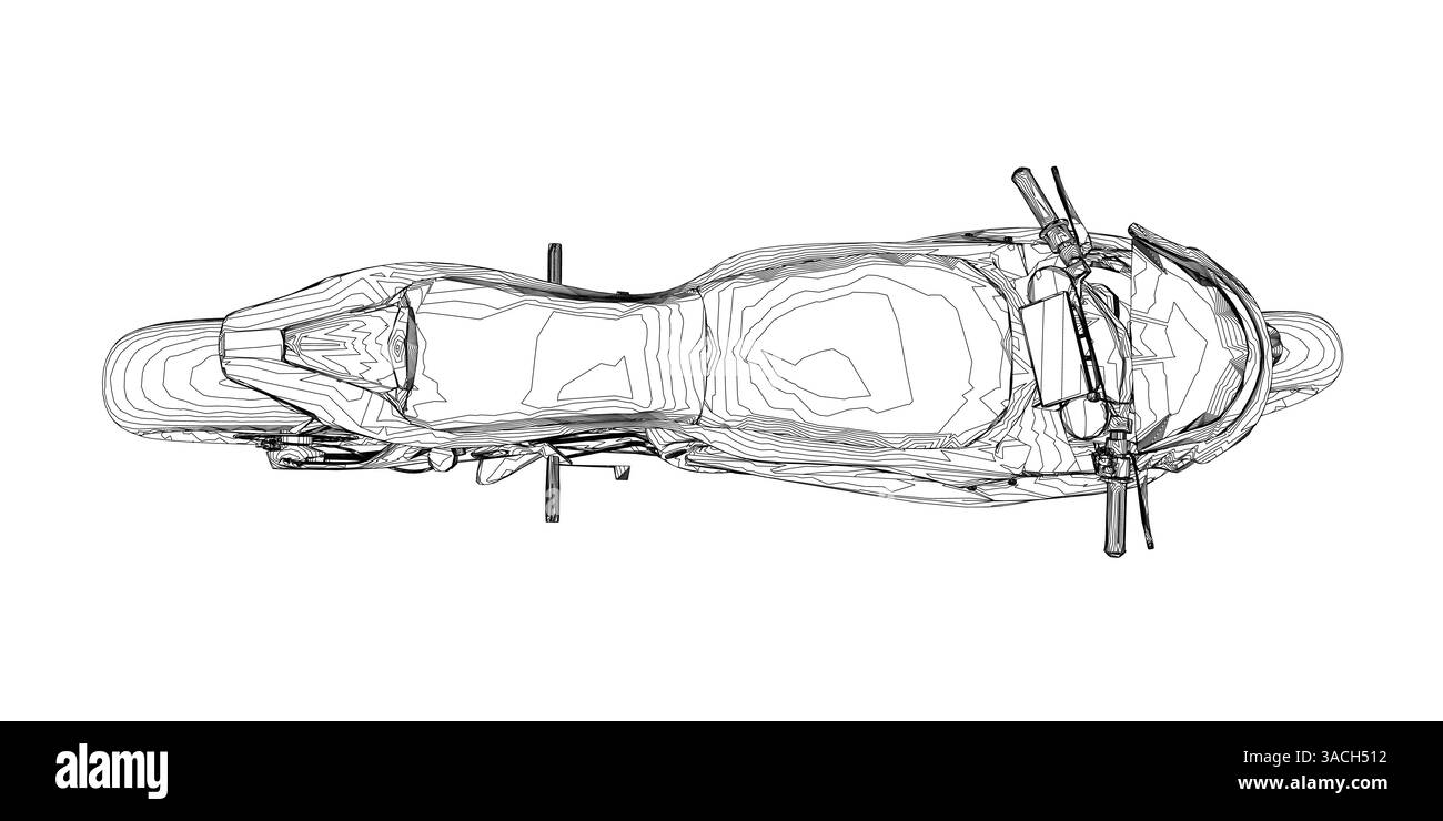 Ein Motorrad ist in einer Schwarzweißzeichnung dargestellt. Das Motorrad ist ein modernes Modell und wird von oben gezeigt Stock Vektor