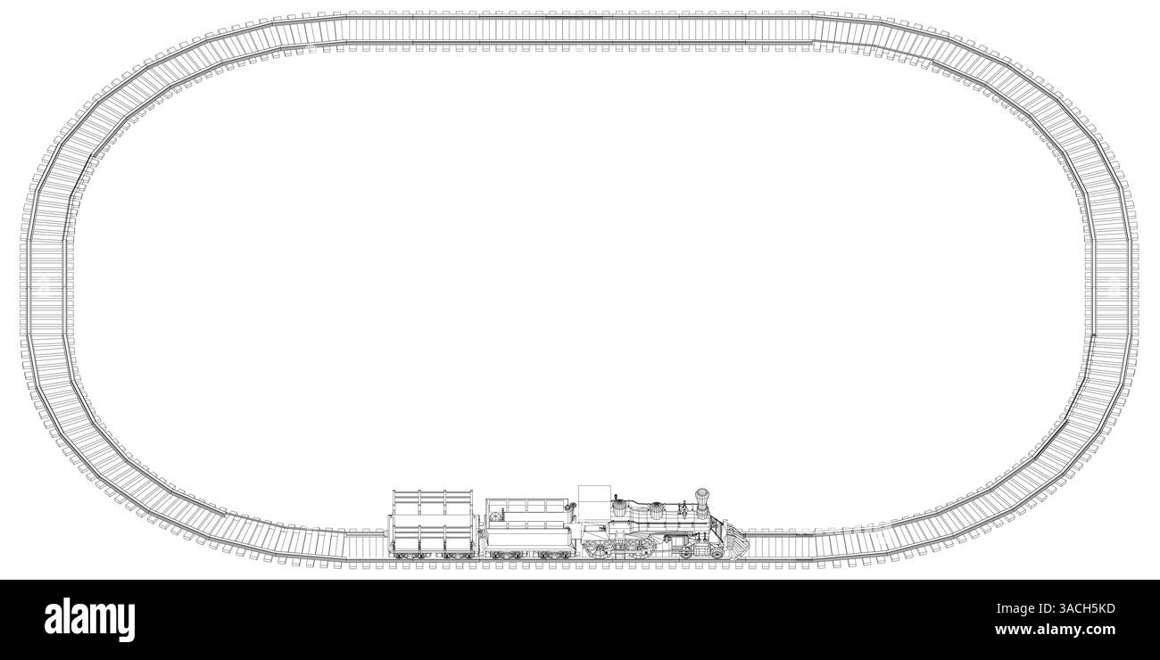 Ein Zuggleis ist in einer schwarz-weißen Zeichnung dargestellt. Das Gleis ist oval und hat einen Zug. Der Zug befindet sich in der Mitte der tr Stock Vektor