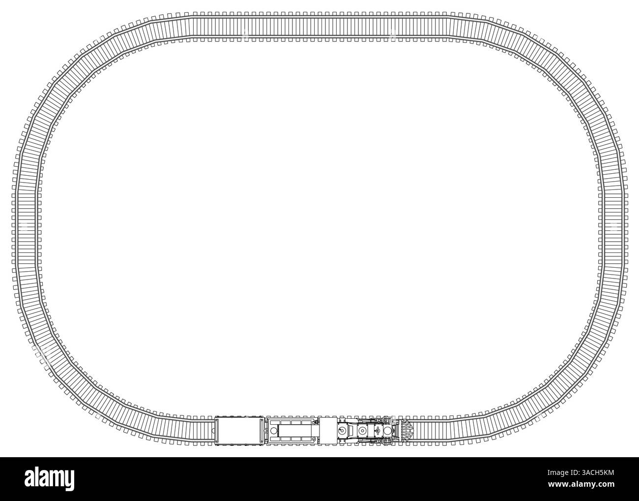 Ein Bahngleis ist in einem Schwarzweißfoto zu sehen. Das Gleis hat eine ovale Form und ist ein Modelleisenbahngleis Stock Vektor