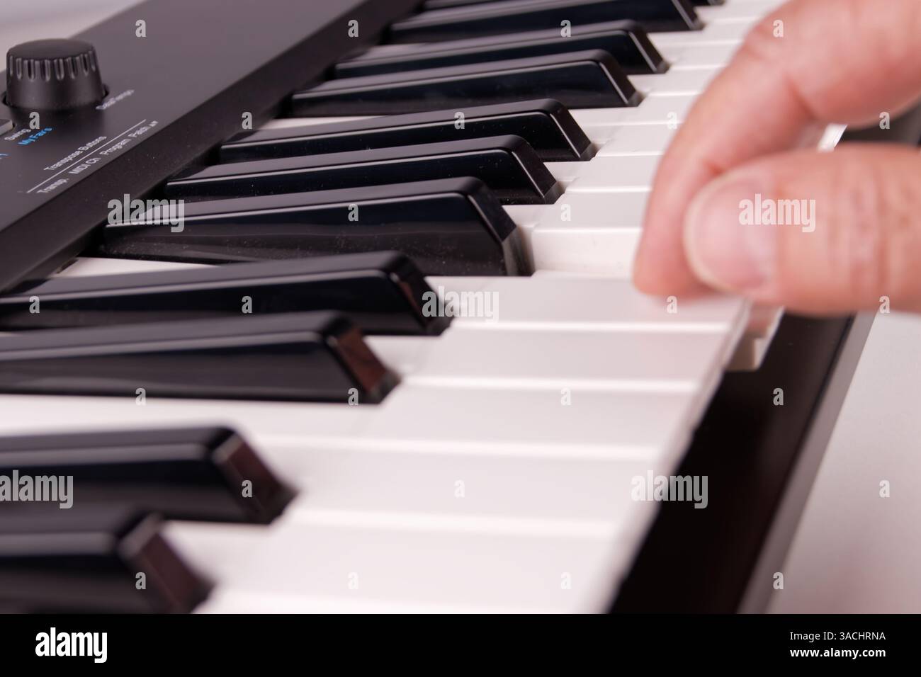 Ansicht einer Musiktastatur mit einer Reihe von Tasten, Nahaufnahme mit Tiefenschärfe Stockfoto