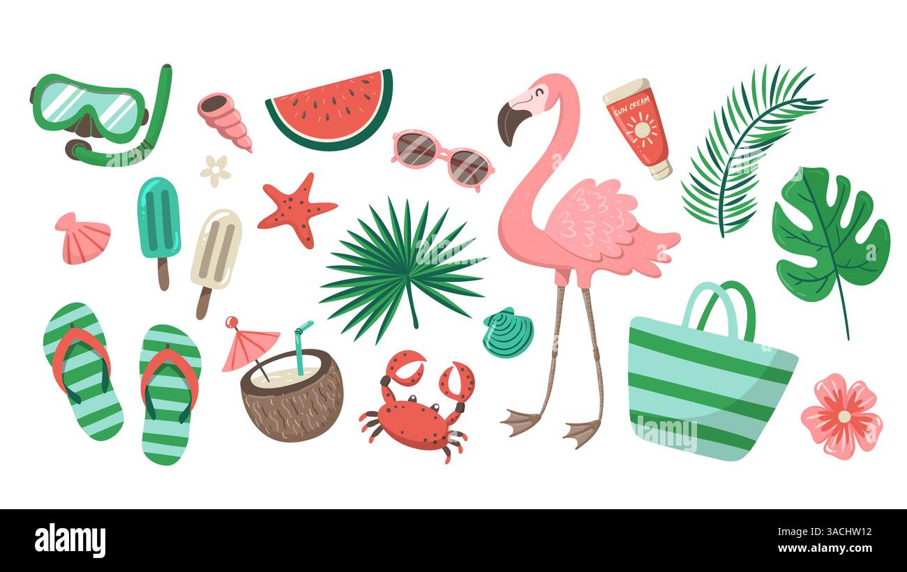 Niedliches handgezeichnetes Sommer- und Strand-Clipart-Set, perfekt zum Dekorieren von Oberflächen, Drucken und Bastelarbeiten. Insgesamt 20 Artikel. Vektorabbildung. Stock Vektor