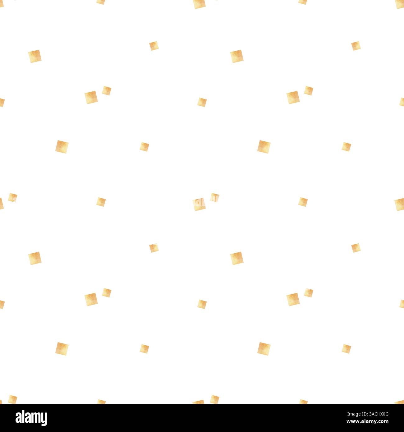 Muster gelbes Quadrat, Würfel, Punkte, Flecken, Konfetti. Aquarellabbildung. Nahtloses chaotisches Muster für Kinder auf dem Hintergrund für Textildesign Stockfoto