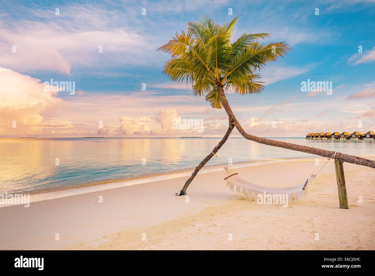 Malerische Meereslandschaft bei Sonnenuntergang. Hängematte zwischen Palmen, Blick auf das ruhige Meer Wasser Villen, erstaunliche tropische Entspannung friedliche romantische Reiseziel Stockfoto