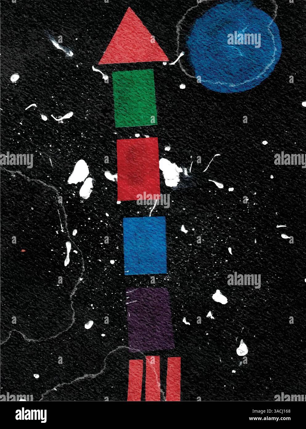 Aquarellhintergrund mit Raketenschiff, das in einen dunklen Nachthimmel mit Sternen stürzt Stock Vektor