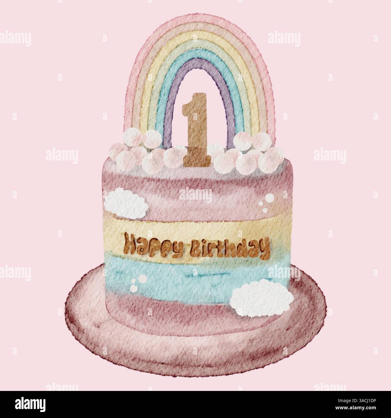 Aquarellillustration einer pastellfarbenen Regenbogentorte zum ersten Geburtstag Stock Vektor