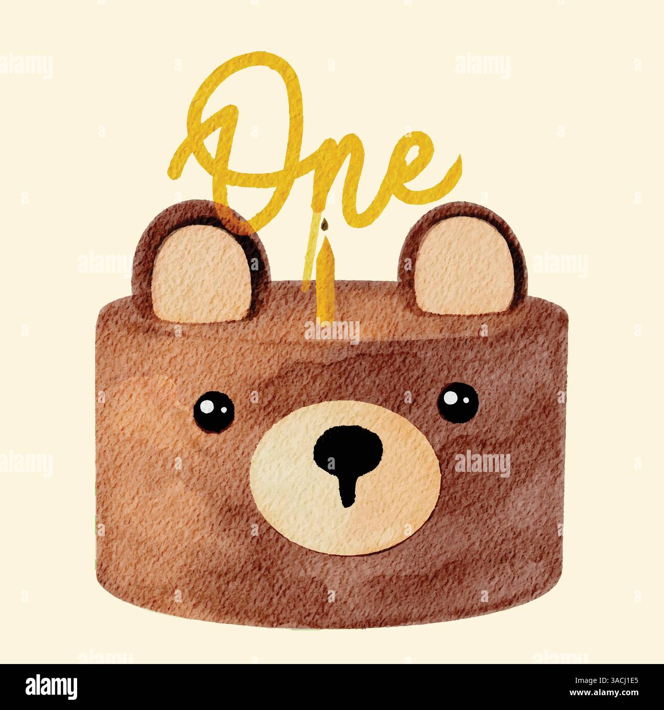 Aquarellillustration einer ersten Geburtstagskuche, geformt wie ein Bärengesicht Stock Vektor