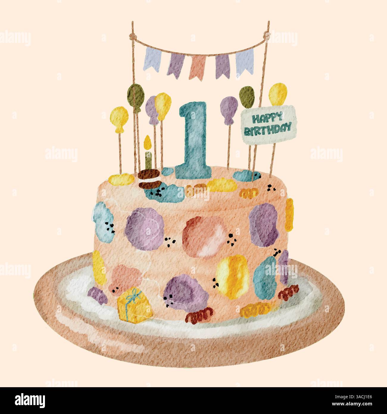 Aquarellillustration der ersten Geburtstagskuche und Kerze mit Pastelldekor Stock Vektor