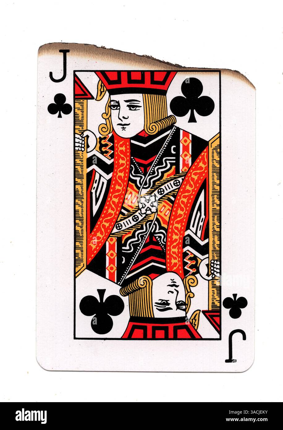 Eine teilweise verbrannte Spielkarte im Anzug von Clubs auf weißem Hintergrund. Stockfoto