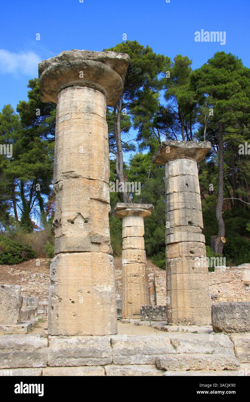Griechenland, Olympia. Antike Ruinen von Olympia, Geburtsort der Olympischen Spiele - UNESCO-Weltkulturerbe. Stockfoto
