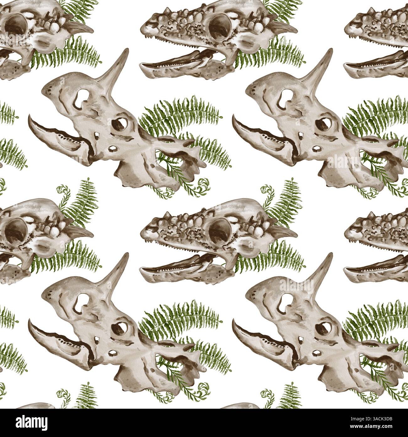 Nahtloses Muster mit Dinosaurierschädeln. Dinosaurierskelette mit Farnen. Tarceratops und Theranosaurus. Pflanzen grasen auf Fossilien. Aquarellabbildung Stockfoto