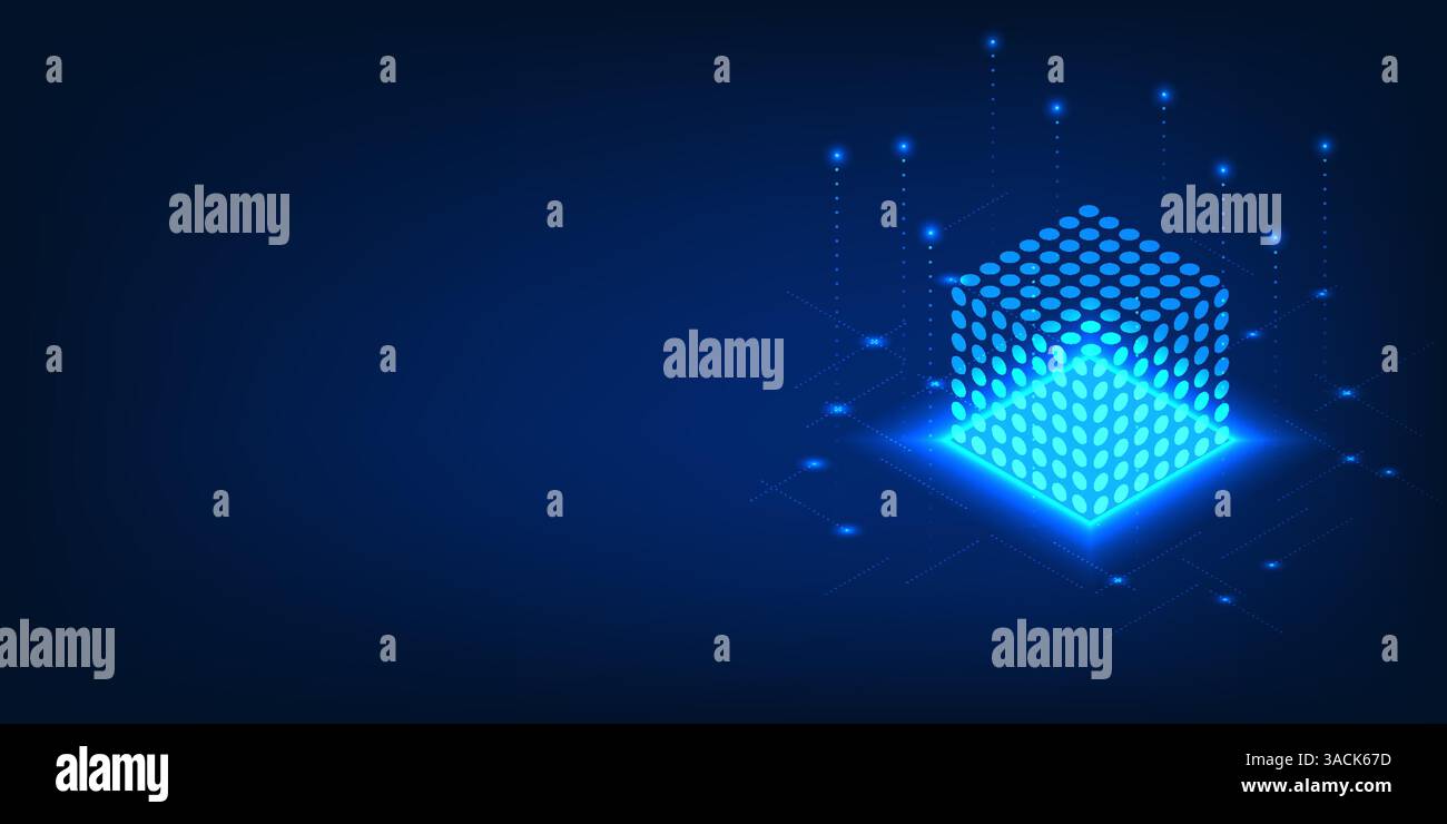 Quantum Computing Technology Ein lichtgefülltes Punktfeld mit Datenlinien, die Quantencomputer darstellen, das die Prinzipien der Quantenmechanik verwendet Stock Vektor