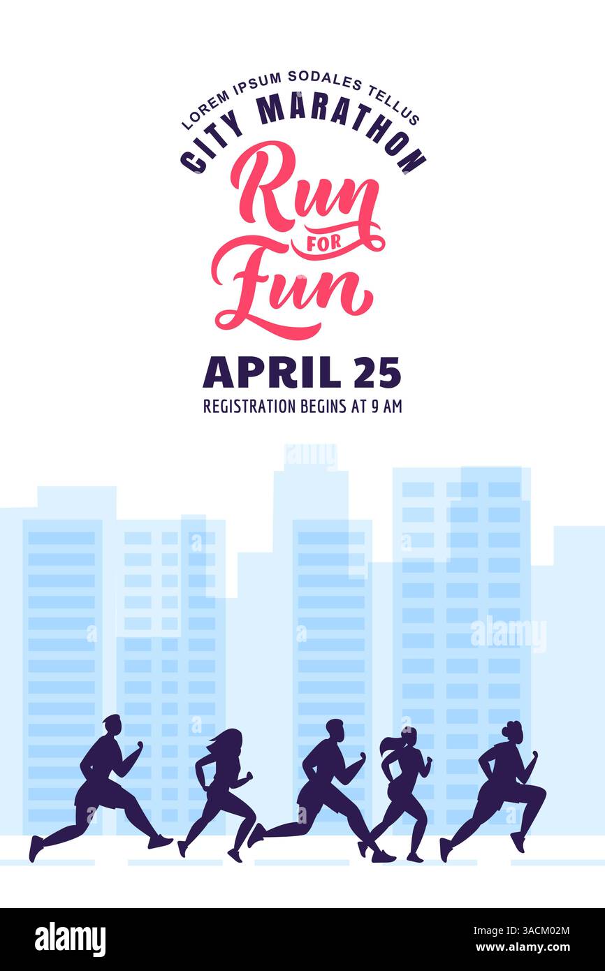 Design-Vorlage für Poster für Bannerwerbung im Frühling Sommer. Silhouette laufender Menschen auf dem Hintergrund von Häusern im Stadtbild. Vector Flat Cartoon Illustrati Stock Vektor