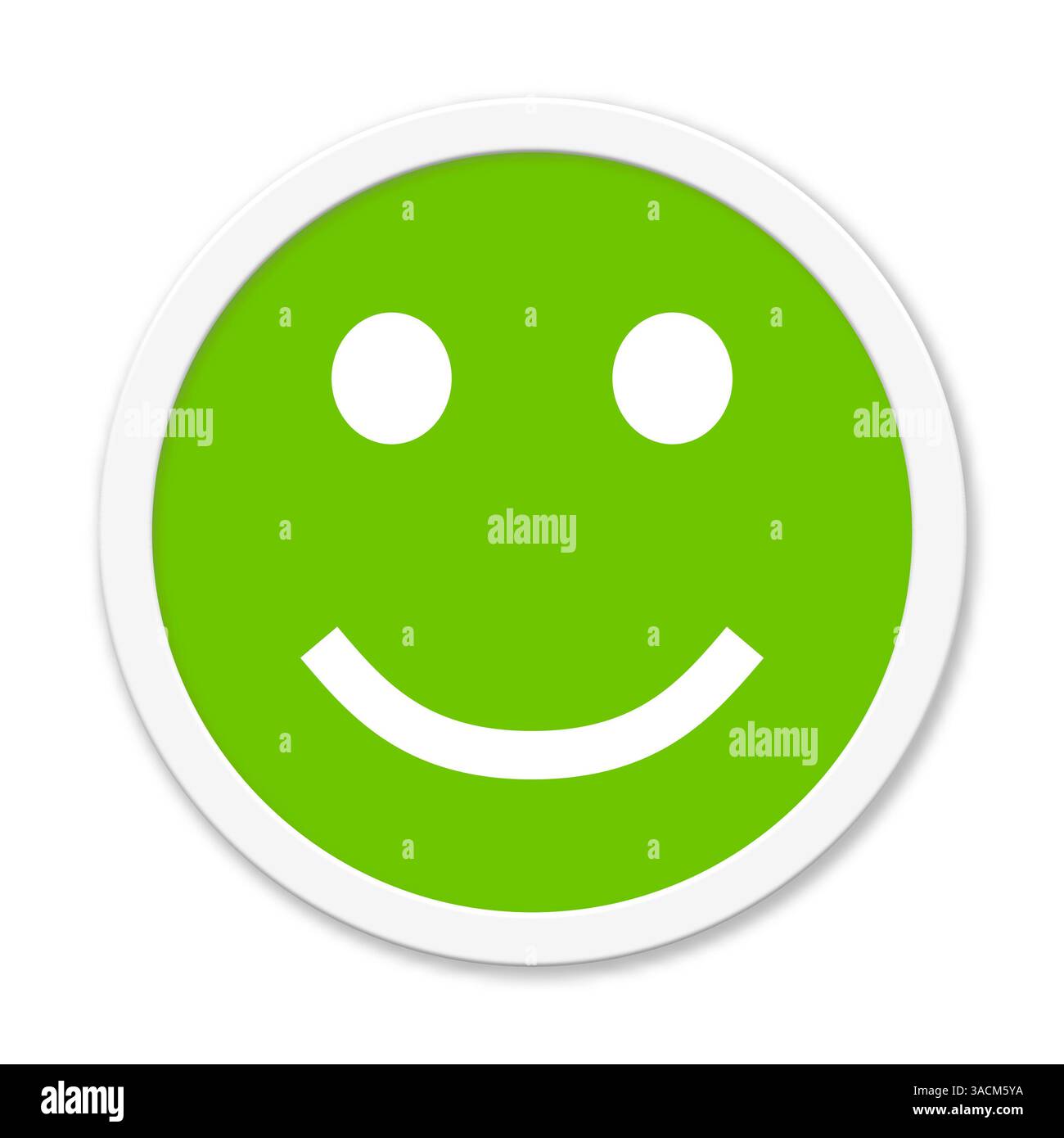 Die runde isolierte grüne Taste mit weißem Rand zeigt ein positives Feedback-Symbol für Freude, Zufriedenheit oder gute Bewertung und Qualität Stockfoto