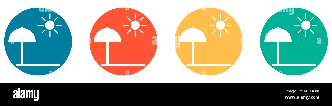 4 farbenfrohe Knöpfe in blau rot orange und grün zeigen Sonnenschirm und Sonne Stockfoto
