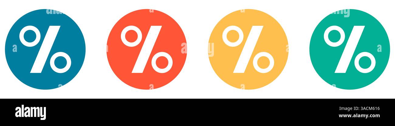 4 farbige Schaltflächen in blau rot orange und grün zeigen Prozentsätze oder Zinsen an Stockfoto