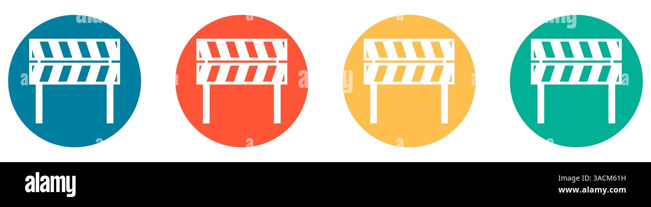 4 farbige Knöpfe in blau rot orange und grün zeigen Barrieren oder Baustellen Stockfoto