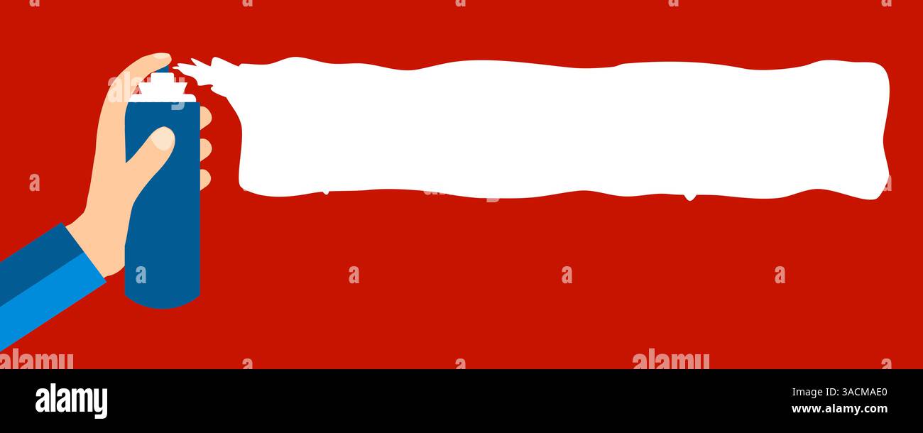 Hand mit Sprühdose sprüht weißen Bereich mit Textabstand auf rotem Hintergrund Stockfoto