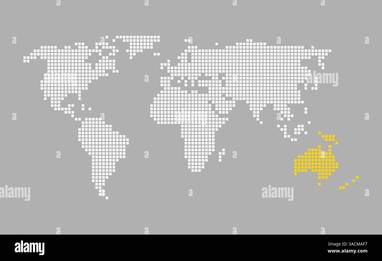 Moderne graue Weltkarte mit Pixeln in weiß und Orange zeigt den Kontinent Australien Stockfoto