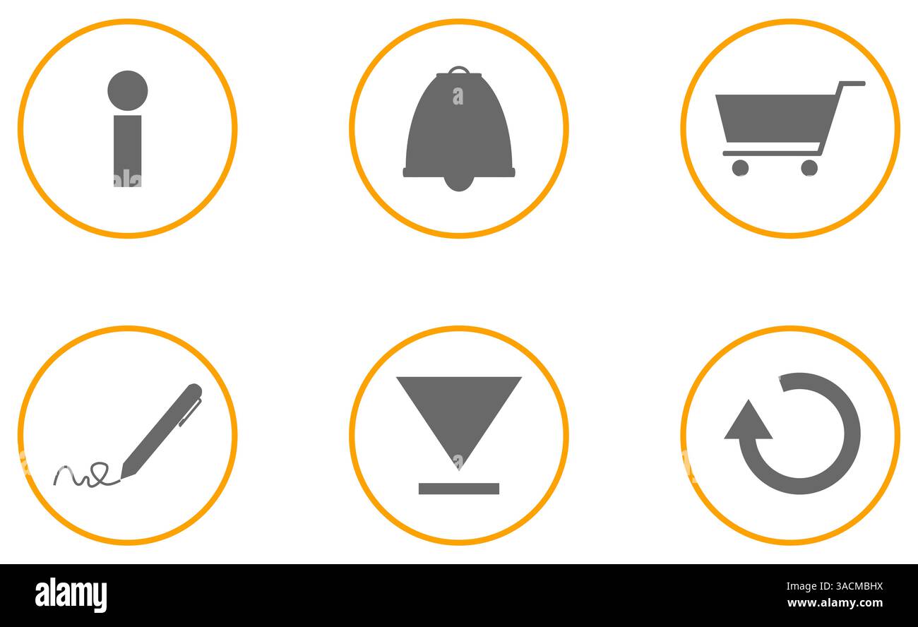 Icons-Sammlung mit 6 Website-Icons orange grau Stockfoto