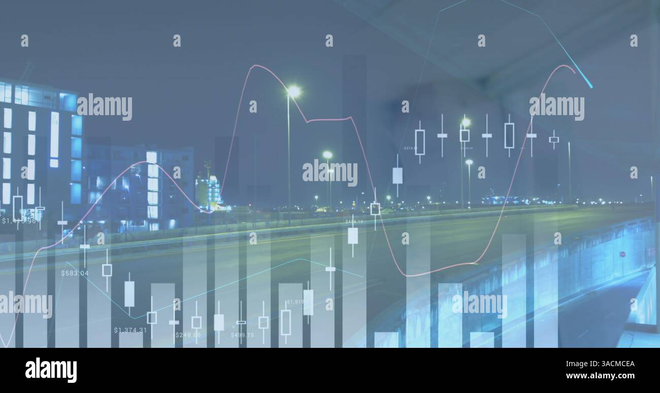 Bild der Verarbeitung finanzieller Daten über dem Stadtbild Stockfoto